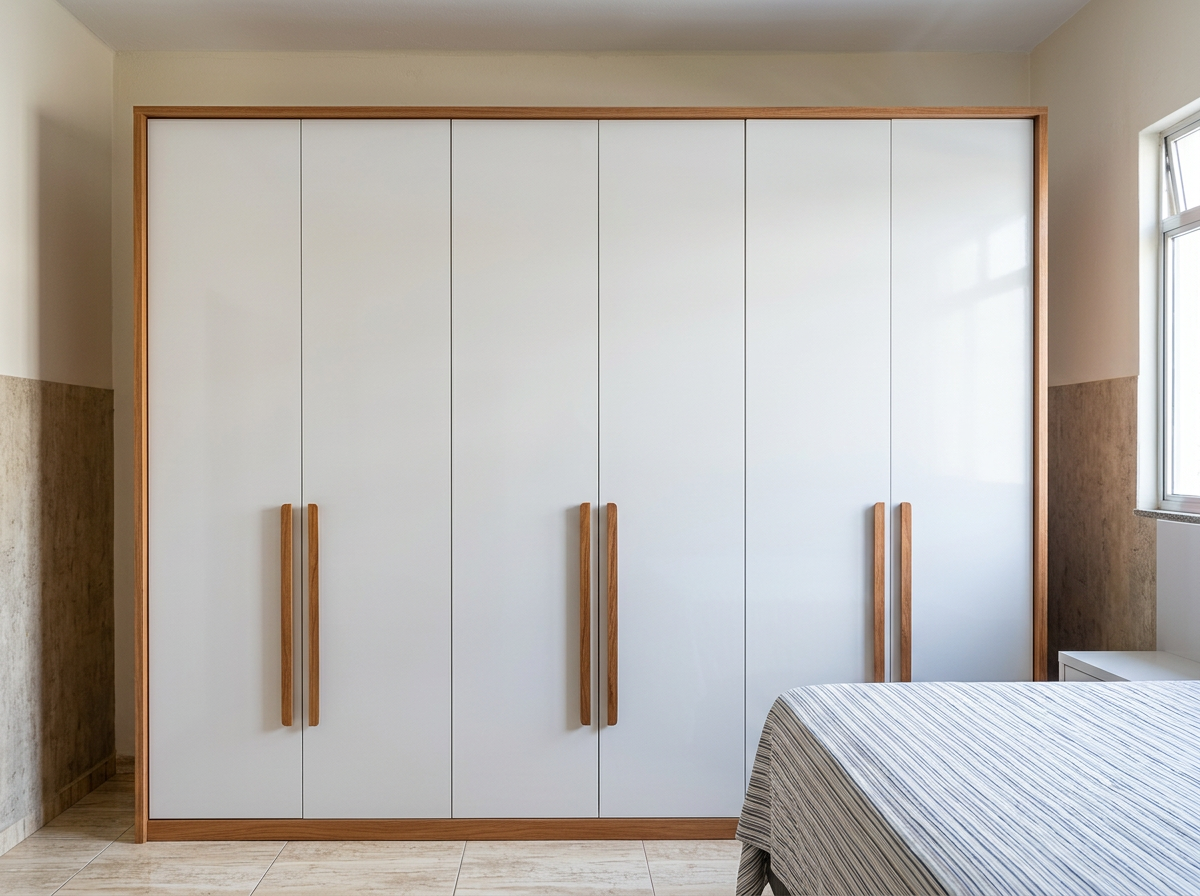 Guarda-roupa branco de seis portas com puxadores de madeira