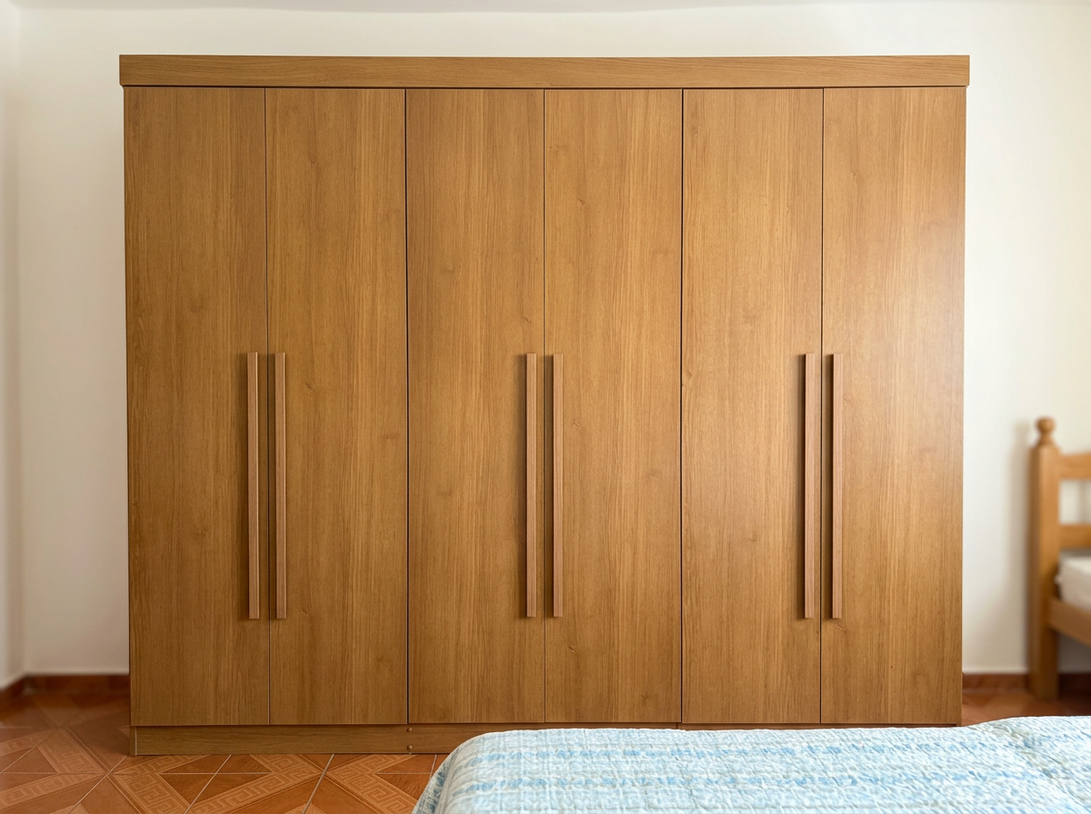 Guarda-roupa de seis portas em madeira montado em quarto