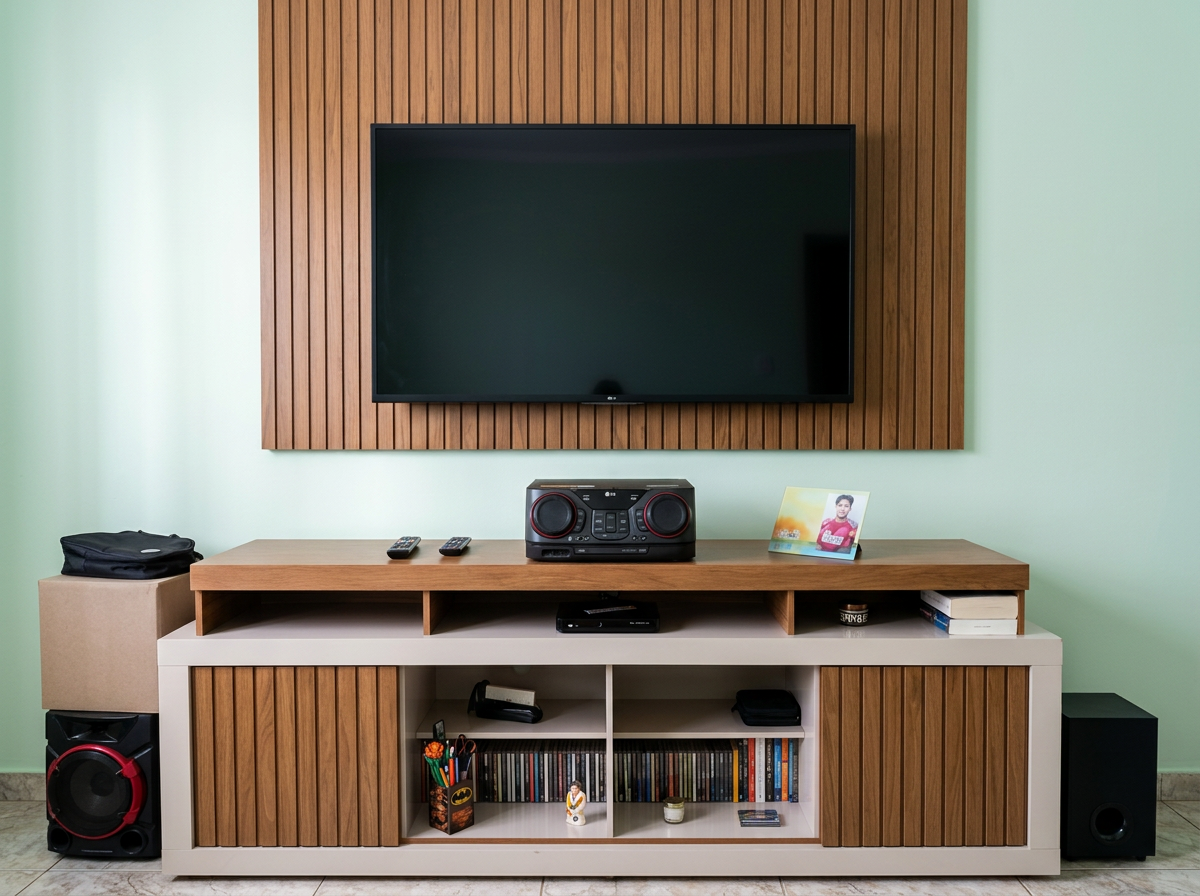 Painel ripado de madeira com TV e rack montado em sala