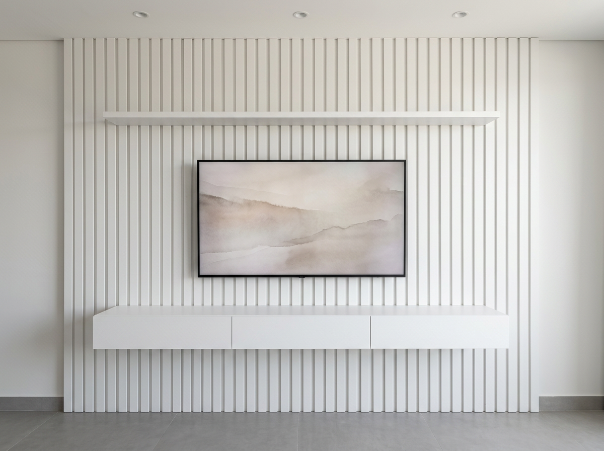 Painel ripado branco com prateleira e TV instalada